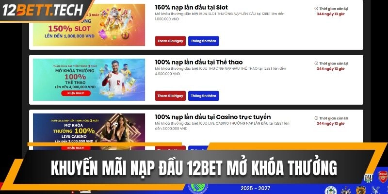 Khuyến Mãi Nạp Đầu 12BET Mở Khóa Thưởng Đặc Biệt 150%